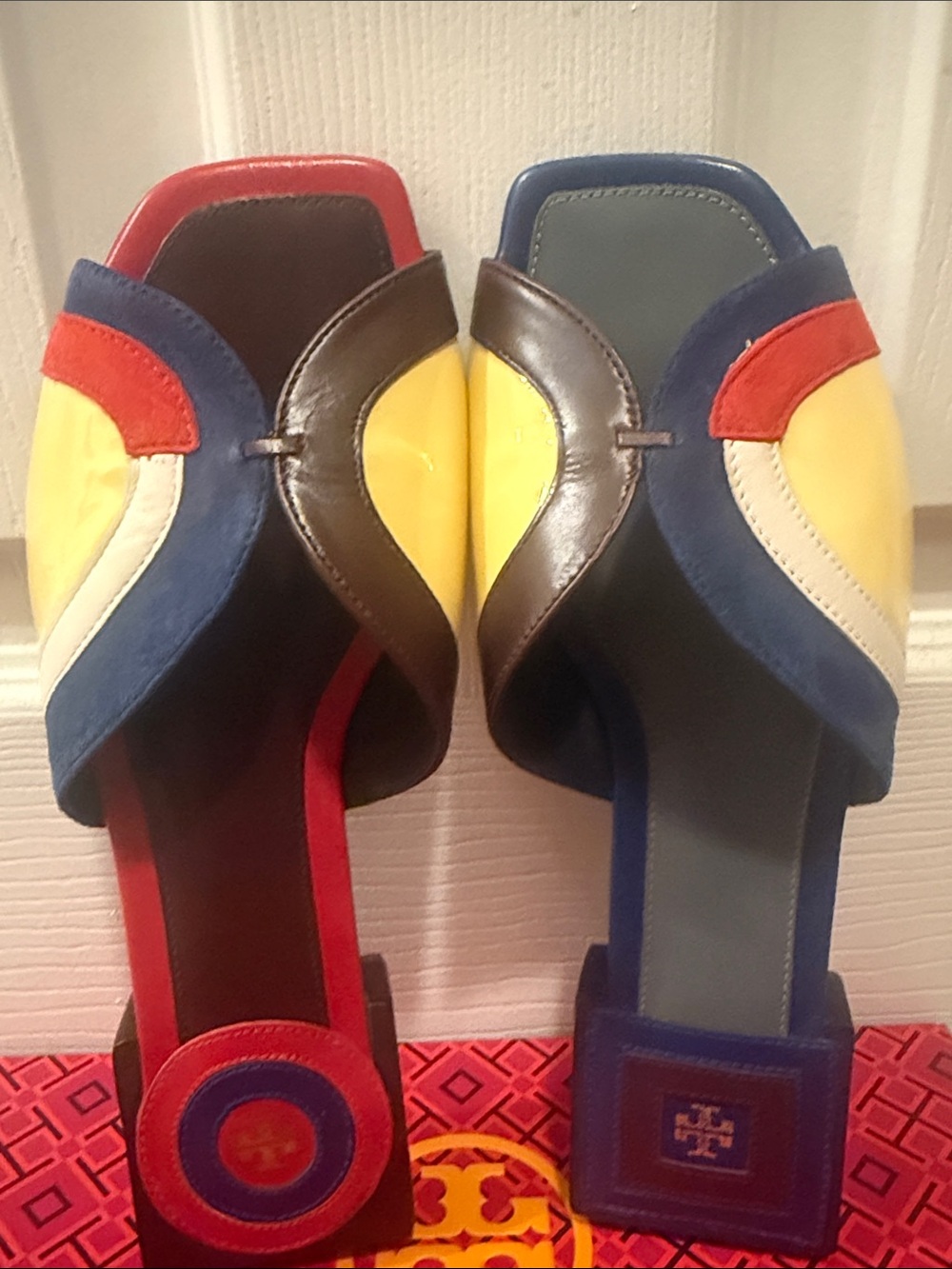 Tory Burch Multicolor Slide Sandals in Red and Blue with Yellow Accents